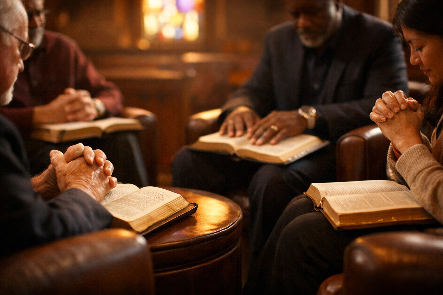 Church leaders praying together in a sanctuary to build a vision for a christian recovery ministry.