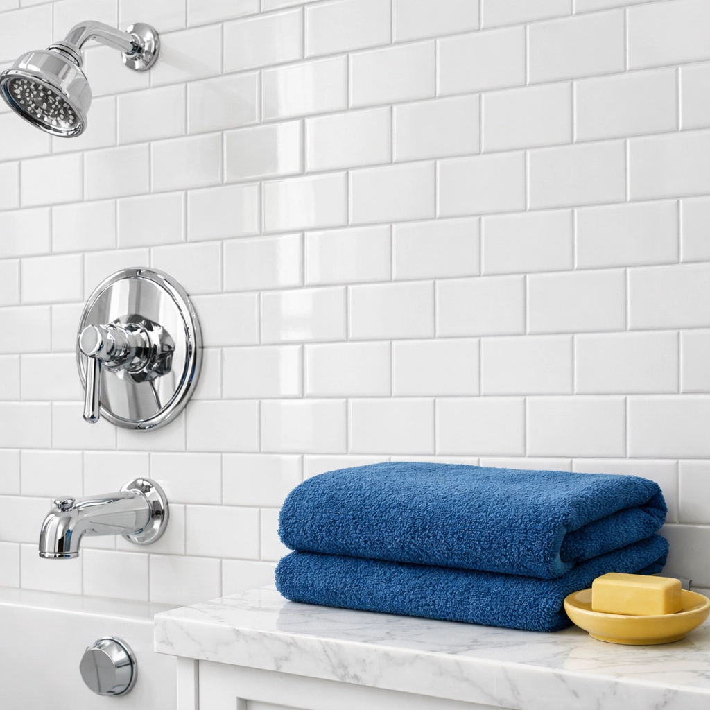Sparkling bathroom with scrubbed tile grout and polished faucets, showcasing professional apartment cleaning Boston.