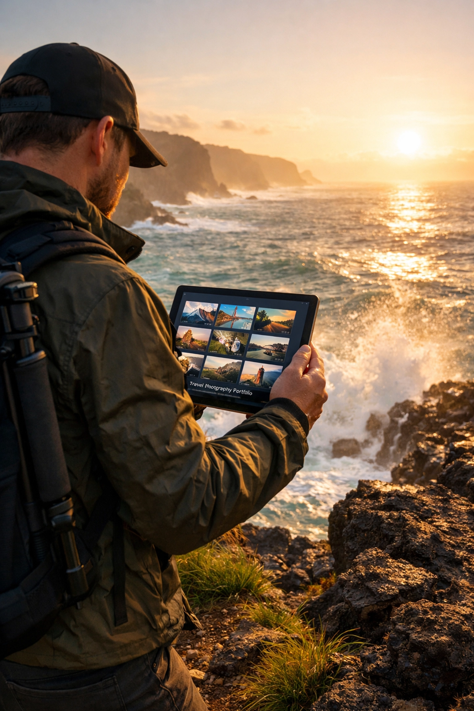 Photographer reviewing their portfolio on a tablet outdoors after saving time with an AI editing workflow.