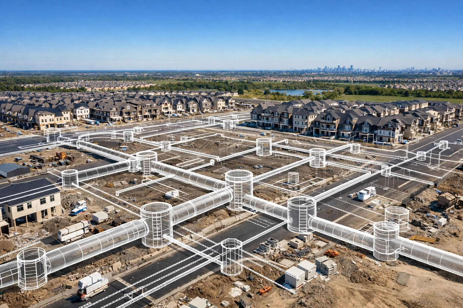 Drone view of a GTA residential development with a technical site servicing plan overlay for storm sewers.