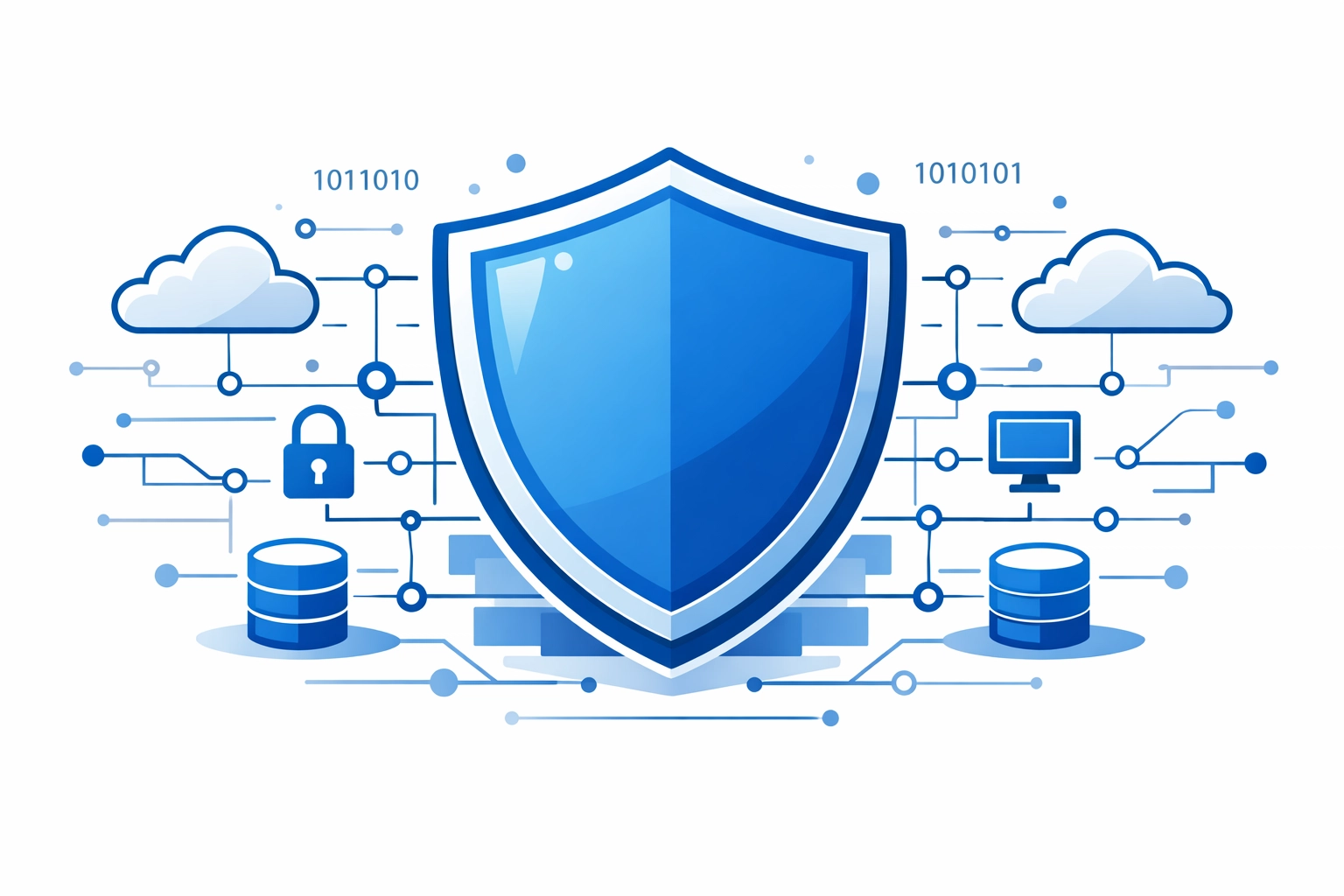 A protective digital shield over cloud icons representing managed cybersecurity and data protection.