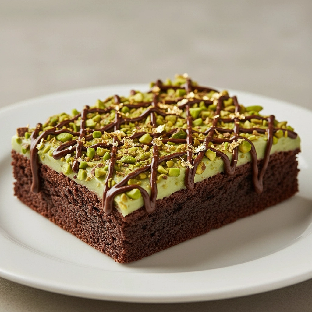 Finished brownie bar: pistachio icing, chopped pistachios, chocolate drizzle, edible gold flakes — Crumbl Dubai brownie copycat