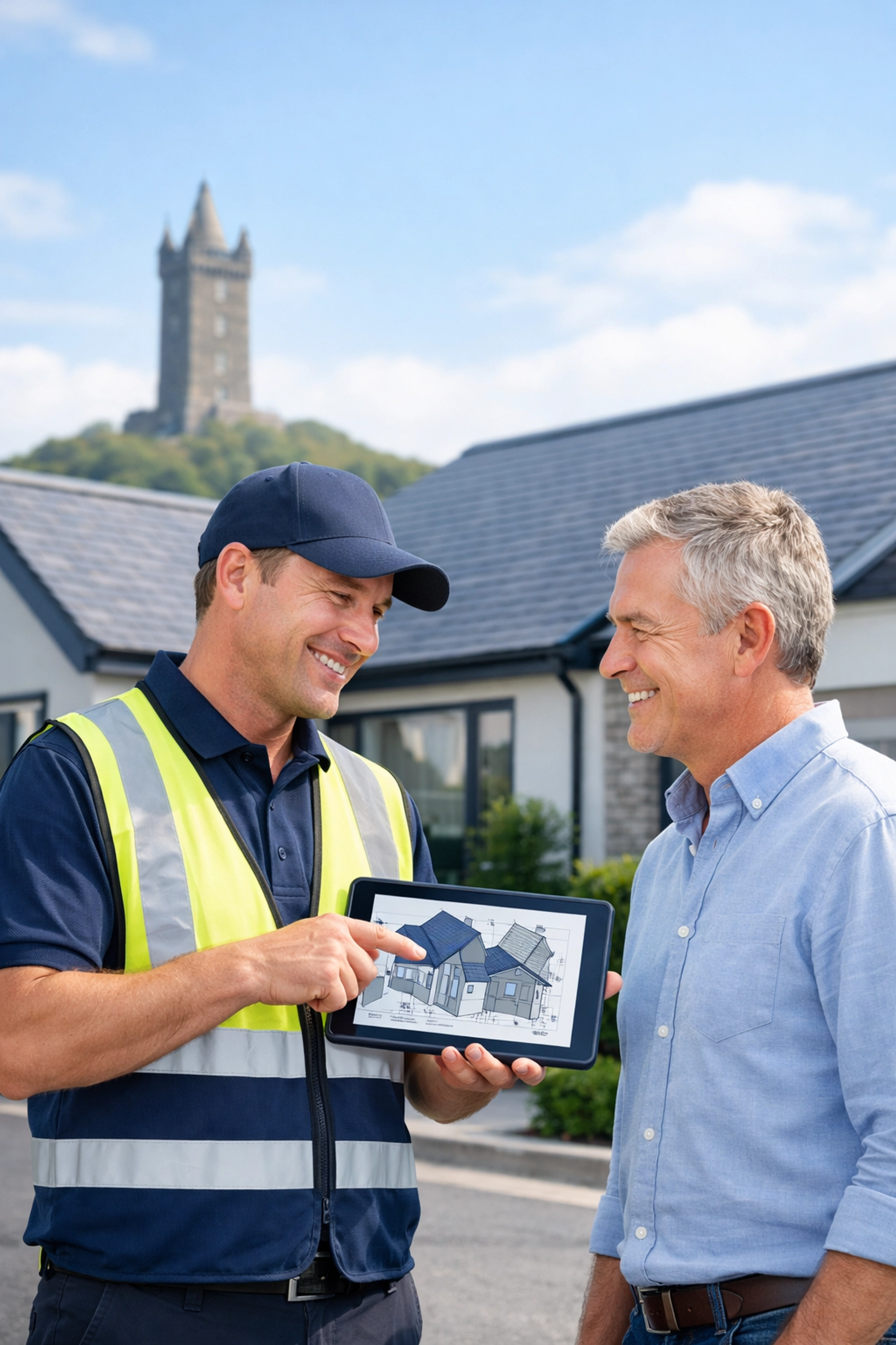 Professional roof survey in Newtownards with a specialist explaining digital assessment to a local homeowner.