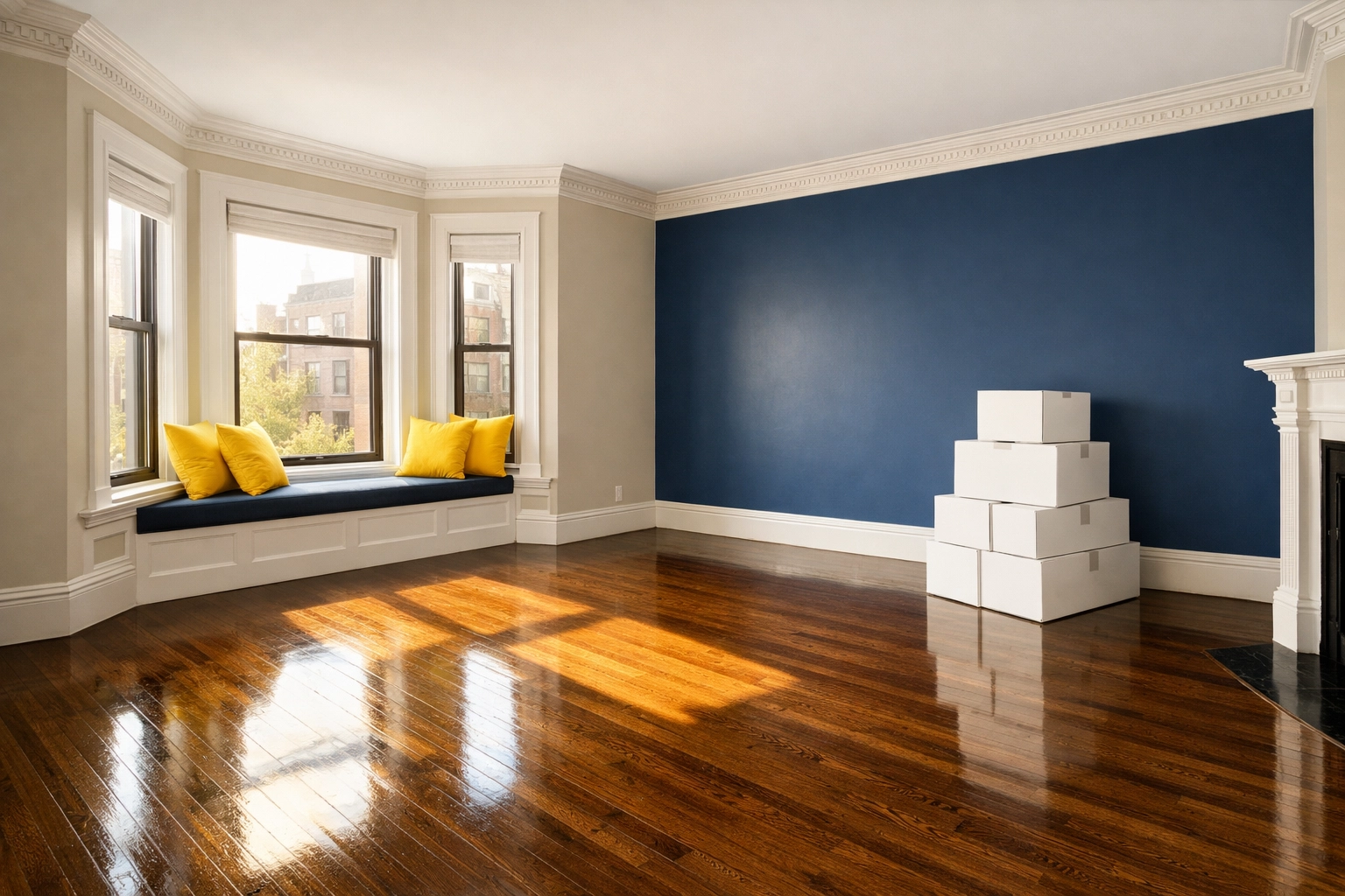 Spotless Boston apartment turnover cleaning with polished hardwood floors in a sunlit brownstone.