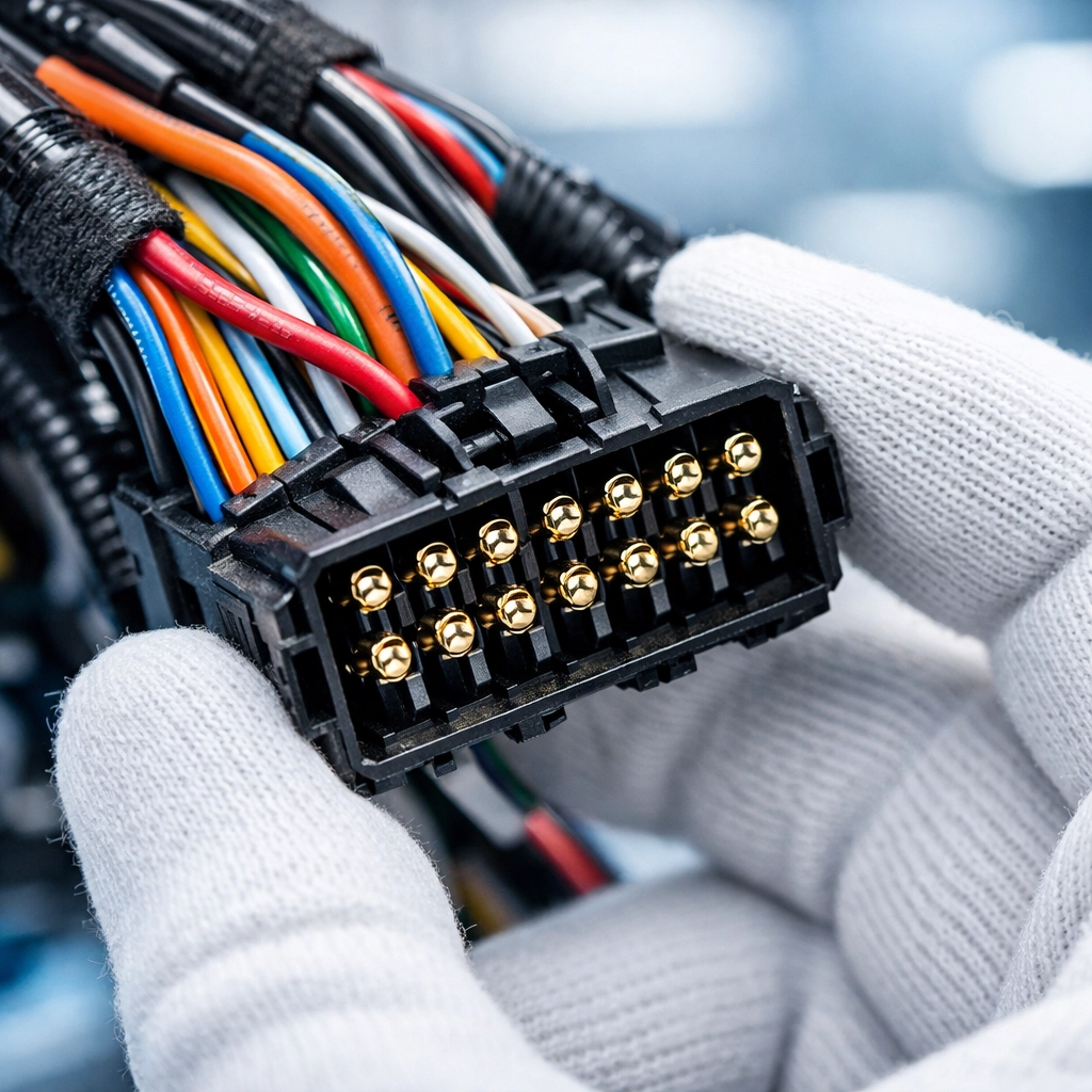 Close-up of a technician inspecting a vehicle wiring harness for car electrical repair in Hamilton.