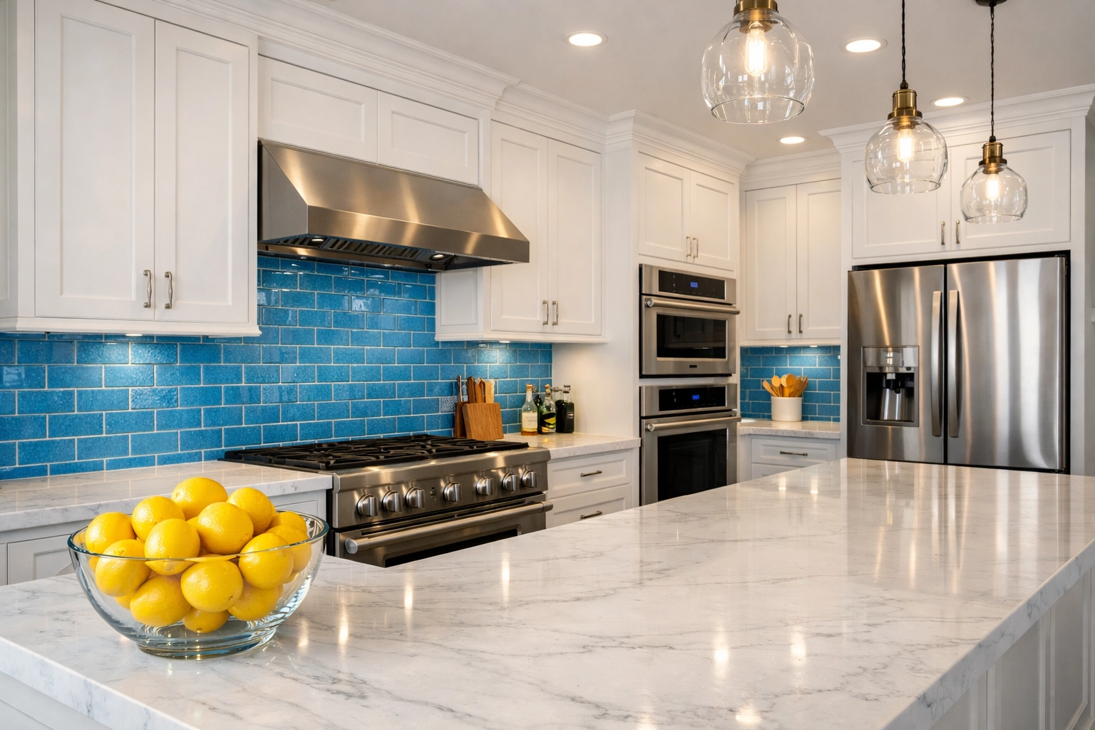 Spotless modern kitchen with marble counters after professional house cleaning in Pepperell MA.