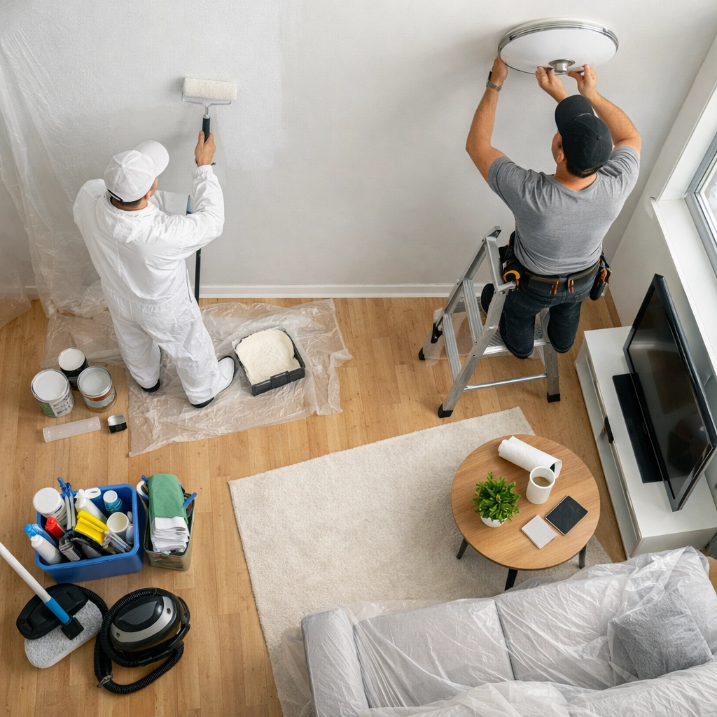Professional painters and maintenance team coordinating apartment turnover work