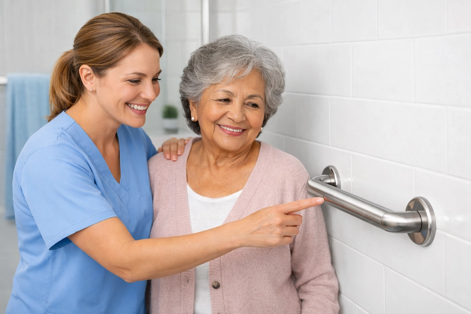 Caregiver reviews bathroom grab bar as part of a home safety program for seniors aging in place