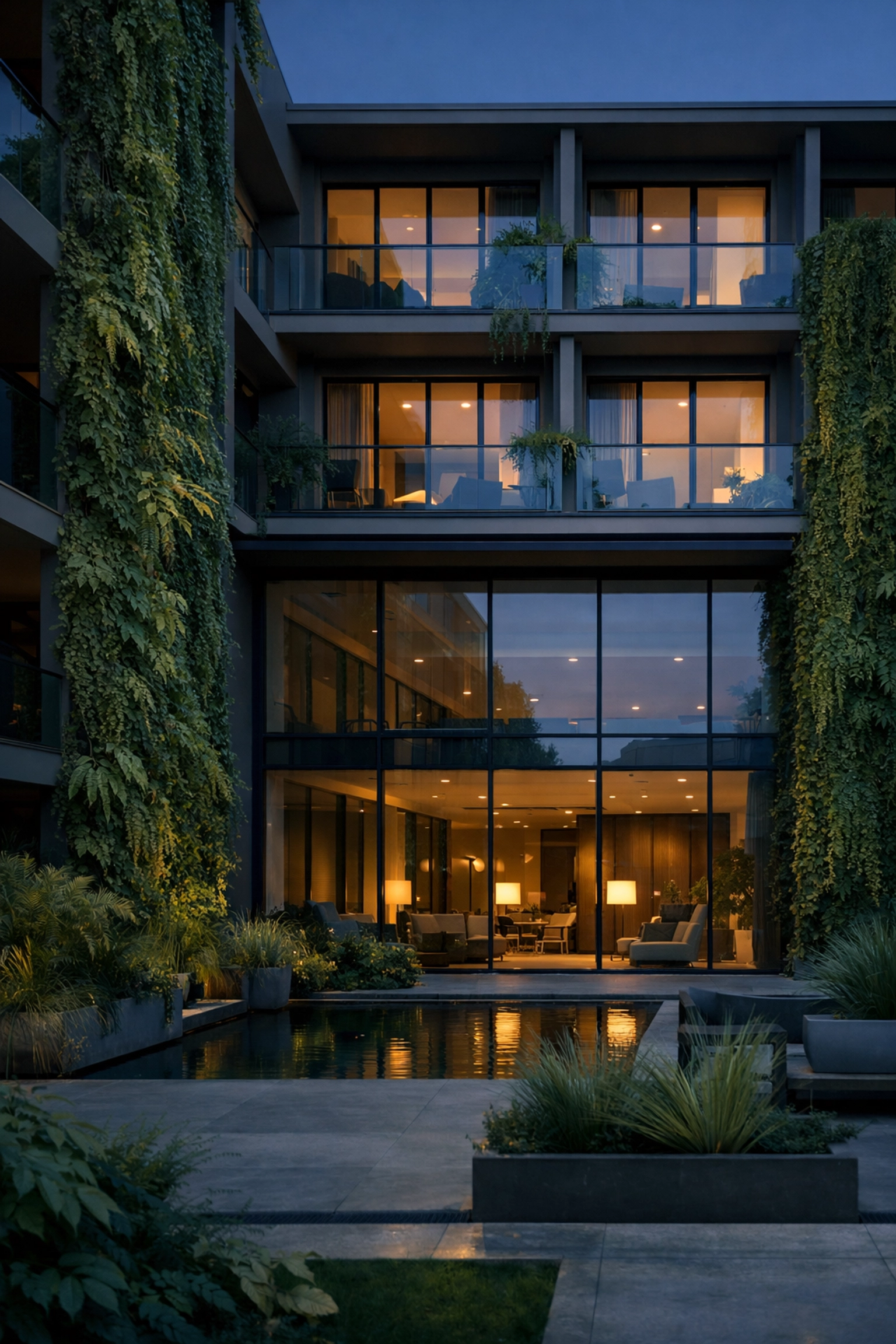 Modern sustainable hotel exterior with vertical gardens and AI-powered smart building technology.