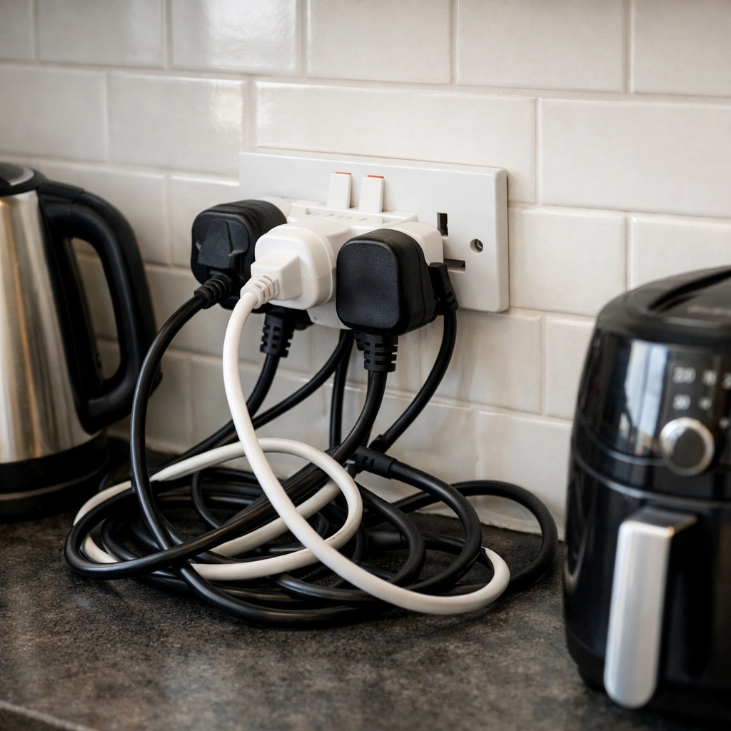 Overloaded UK kitchen socket with multi-plug adapter showing common DIY electrical fire risks in Poole.