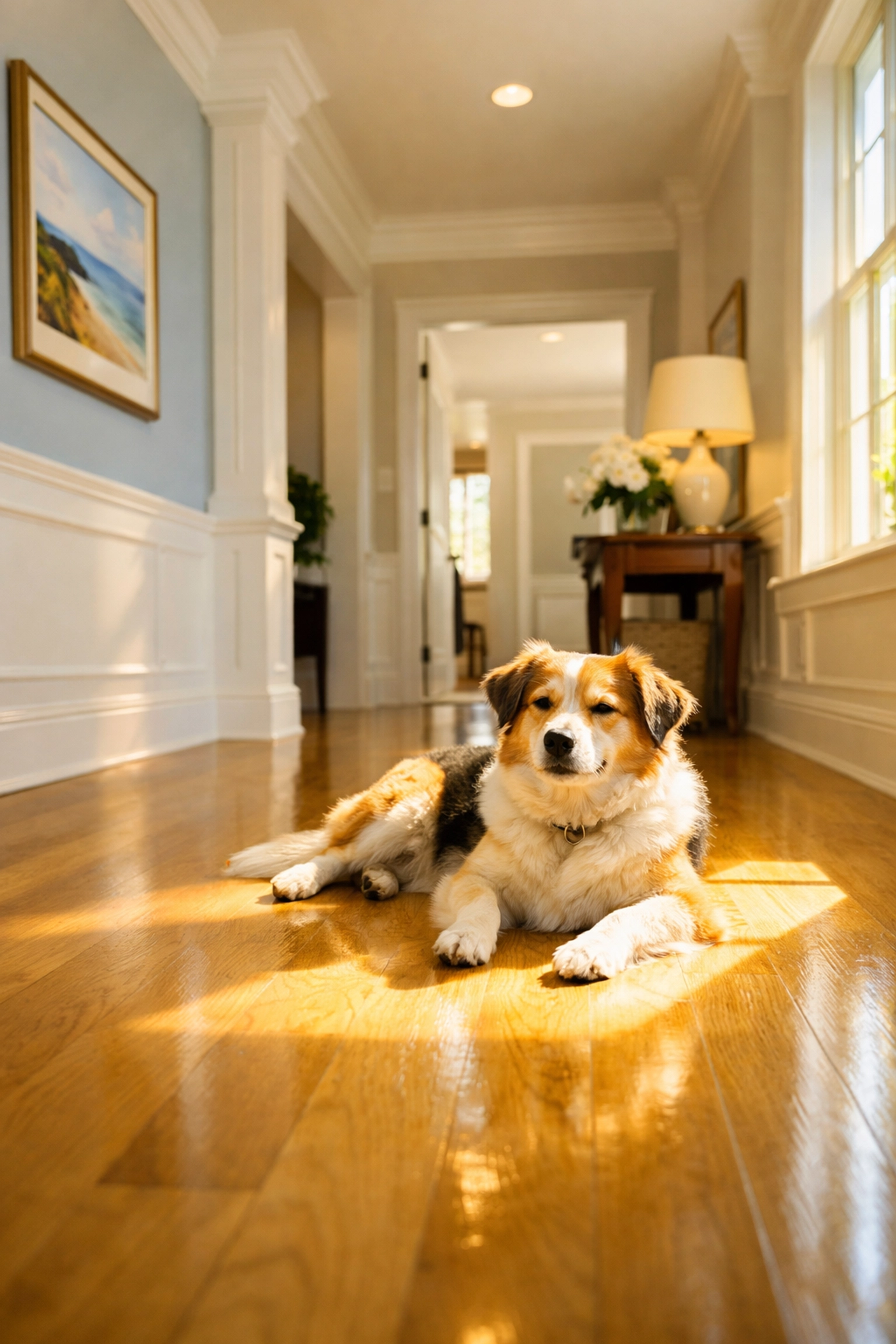 Polished hardwood floors in a sun-drenched Marshfield house after reliable home cleaning.