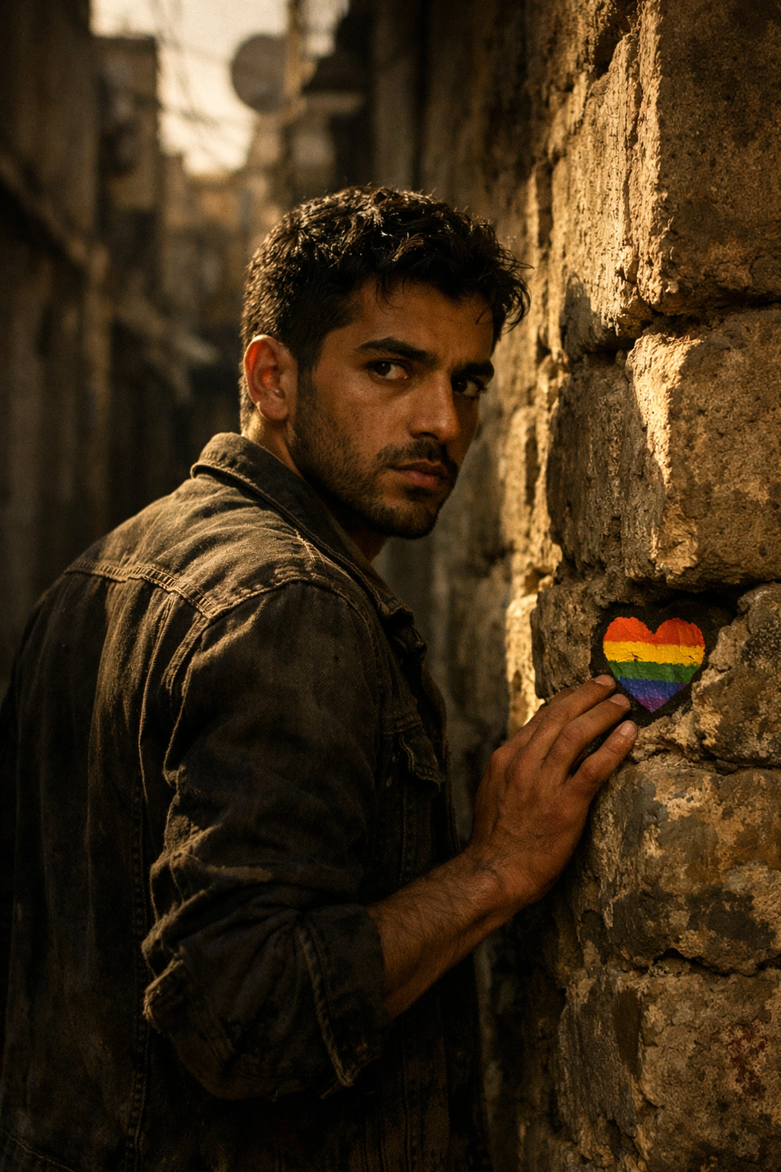 A gay man in Iraq showing resilience near a hidden pride symbol in a narrow city alleyway.