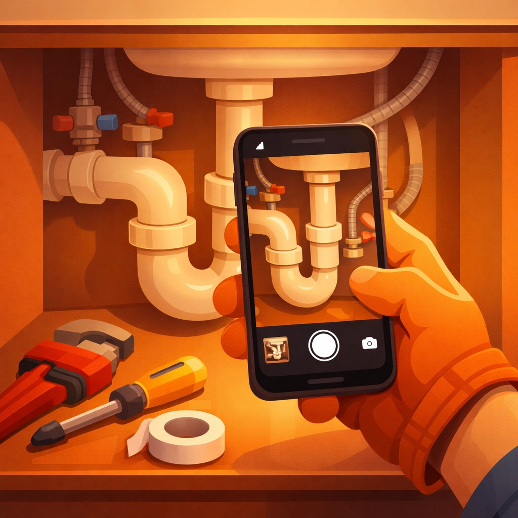 Contractor documenting plumbing work with smartphone camera under sink