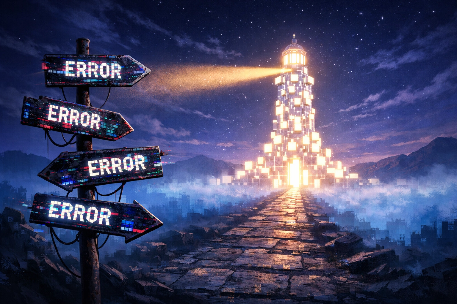 A lighthouse guiding a path through digital fog for expert website redesign services and SEO.