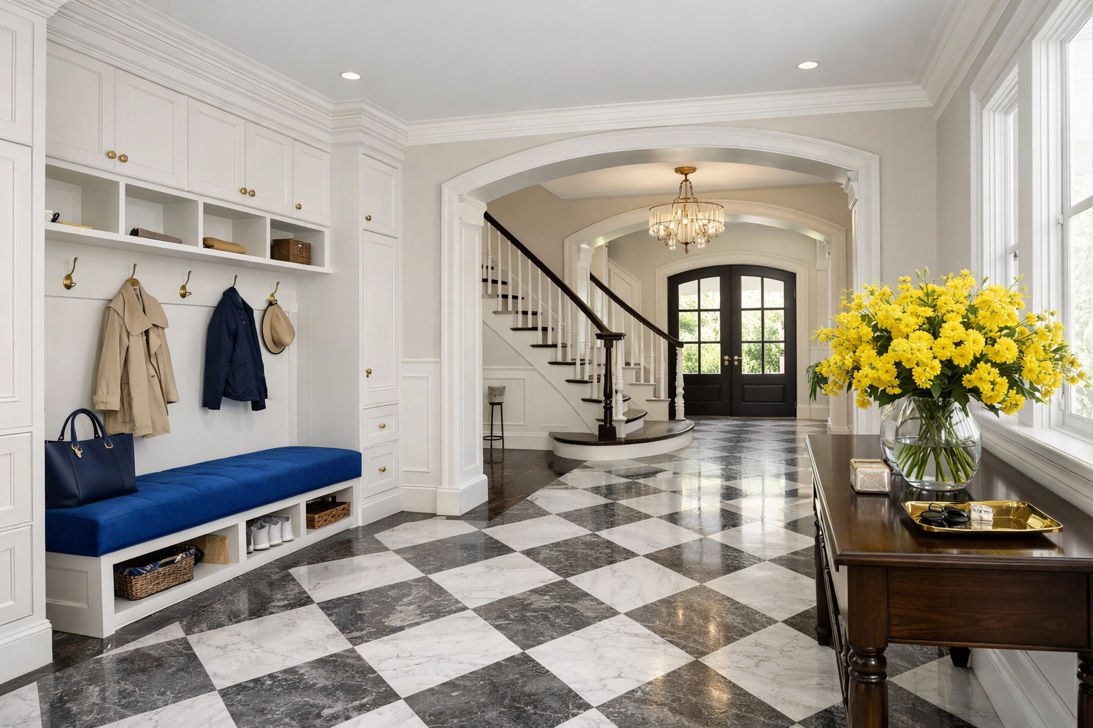 Pristine luxury home entryway in Dover highlighting scheduled residential cleaning Massachusetts for busy families.