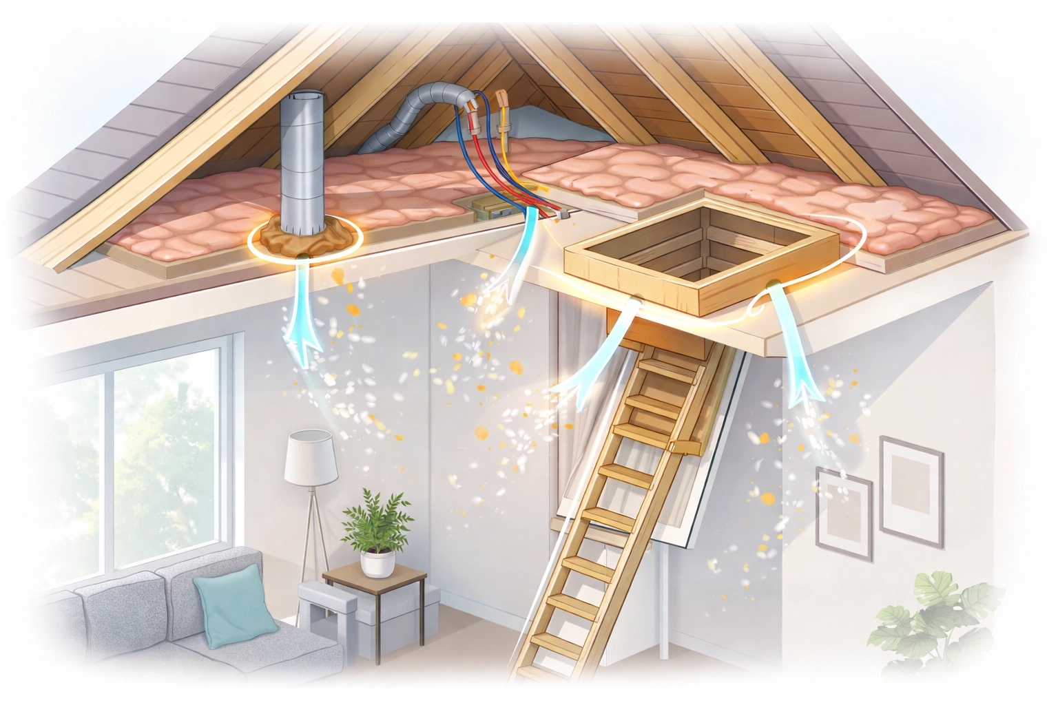 Cross-section illustration of a loft showing pollen and dust entering through unsealed gaps, highlighting allergy risks.