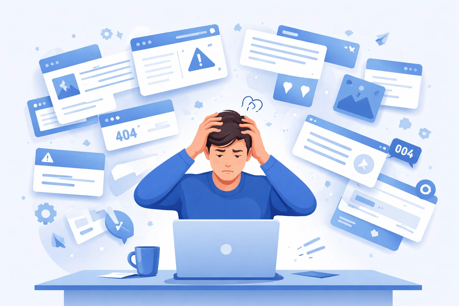 Person overwhelmed by cluttered homepage design elements, highlighting need for clear web design