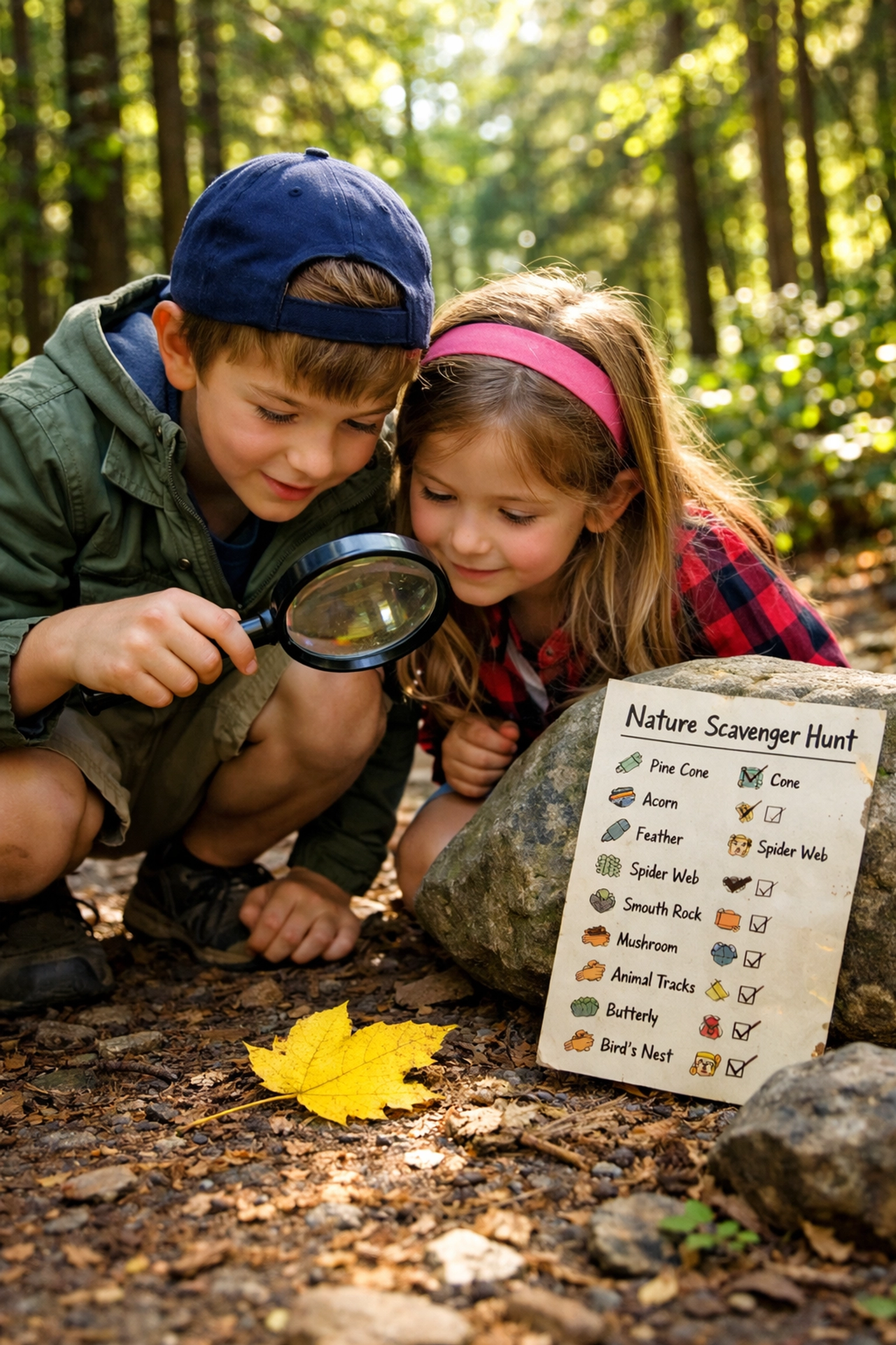 Siblings exploring a forest trail with a magnifying glass and a nature scavenger hunt checklist.