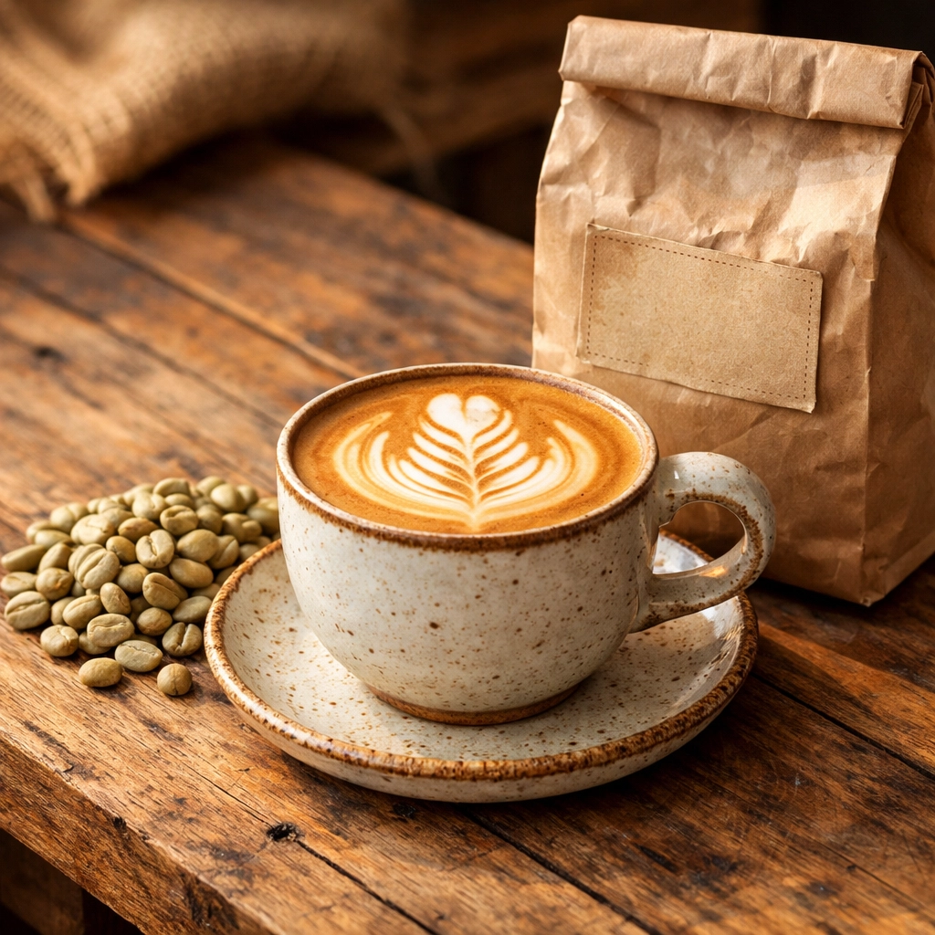 Specialty coffee beans and latte art on a wooden table, representing a transparent coffee supply chain.