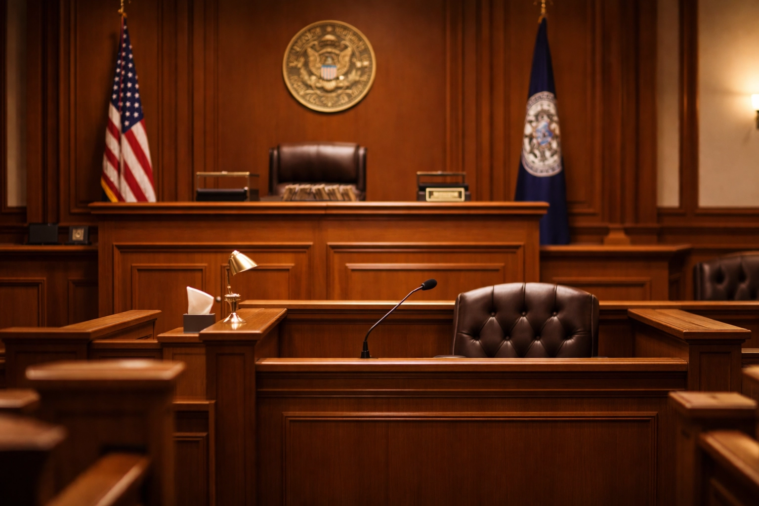 Formal Virginia courtroom interior, representing how courts use social media evidence in Fredericksburg divorce cases