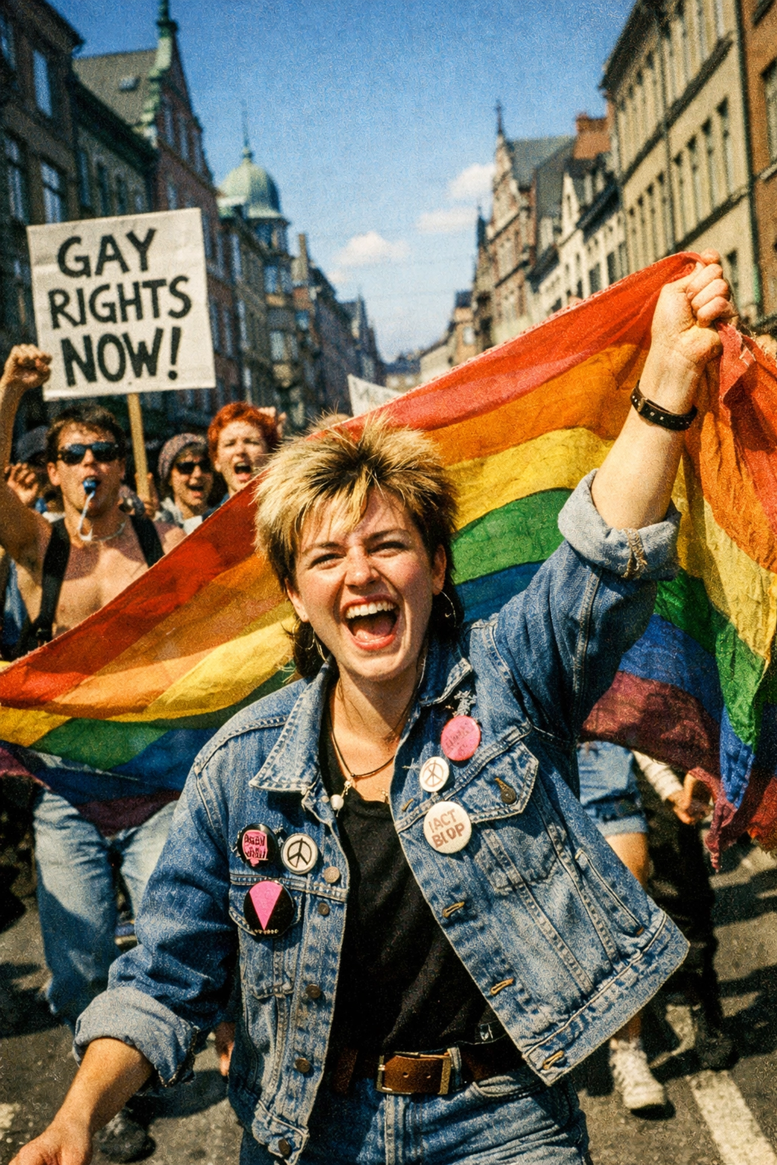 LGBTQ+ activists lead a 1980s Pride march in Oslo with a rainbow flag, a pivotal era for MM contemporary stories.