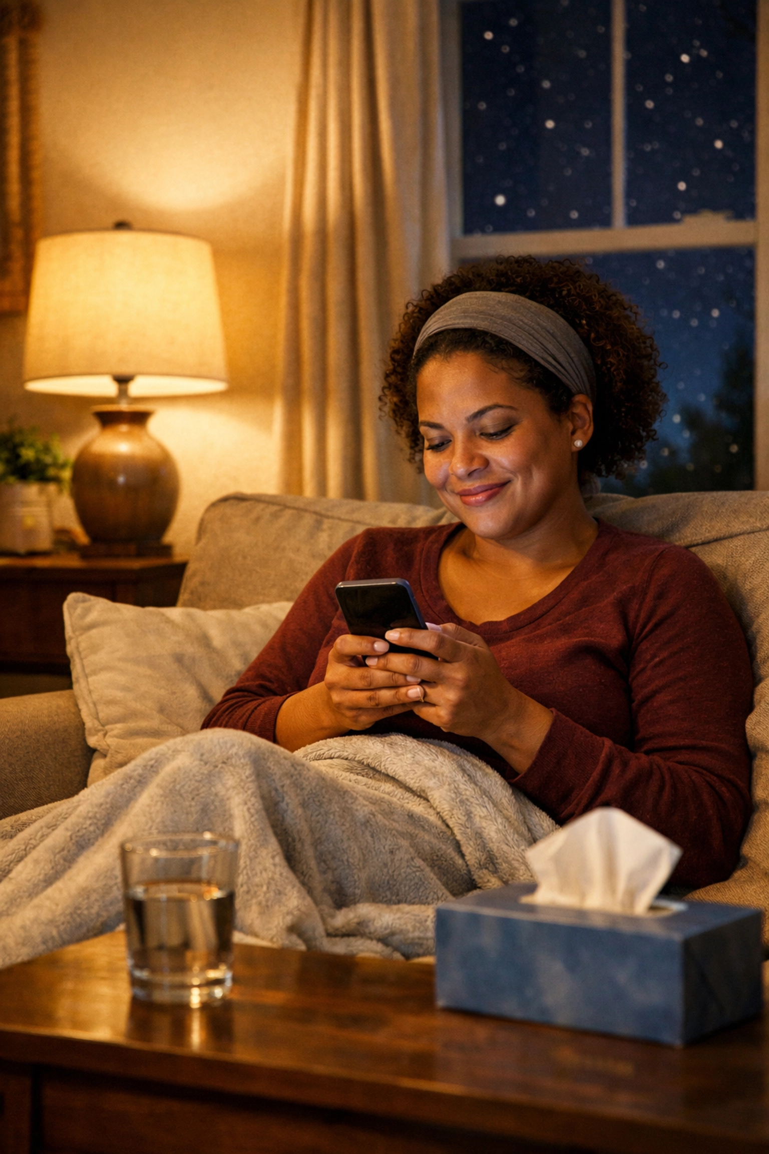 Patient using smartphone to chat with doctor at night from home comfort