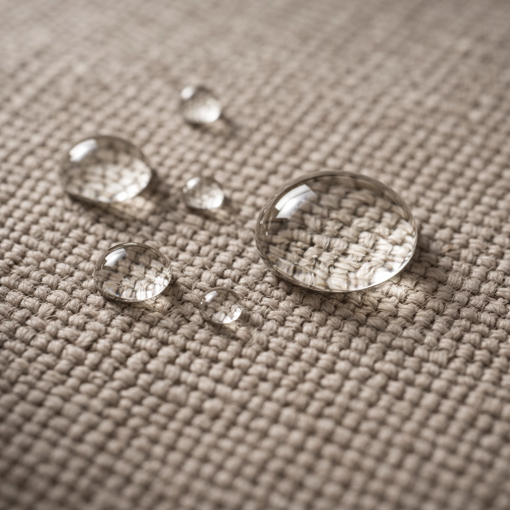 Water droplets beading on stain-resistant, PFAS-free commercial upholstery fabric texture.