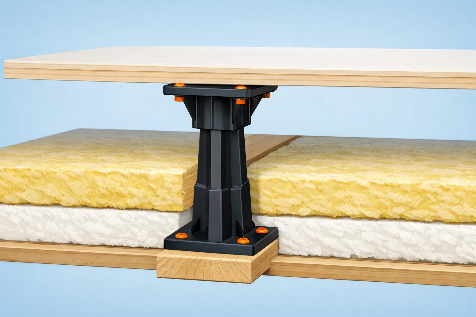 Close-up of a loft leg system raising floorboards to accommodate 270mm of thick insulation.