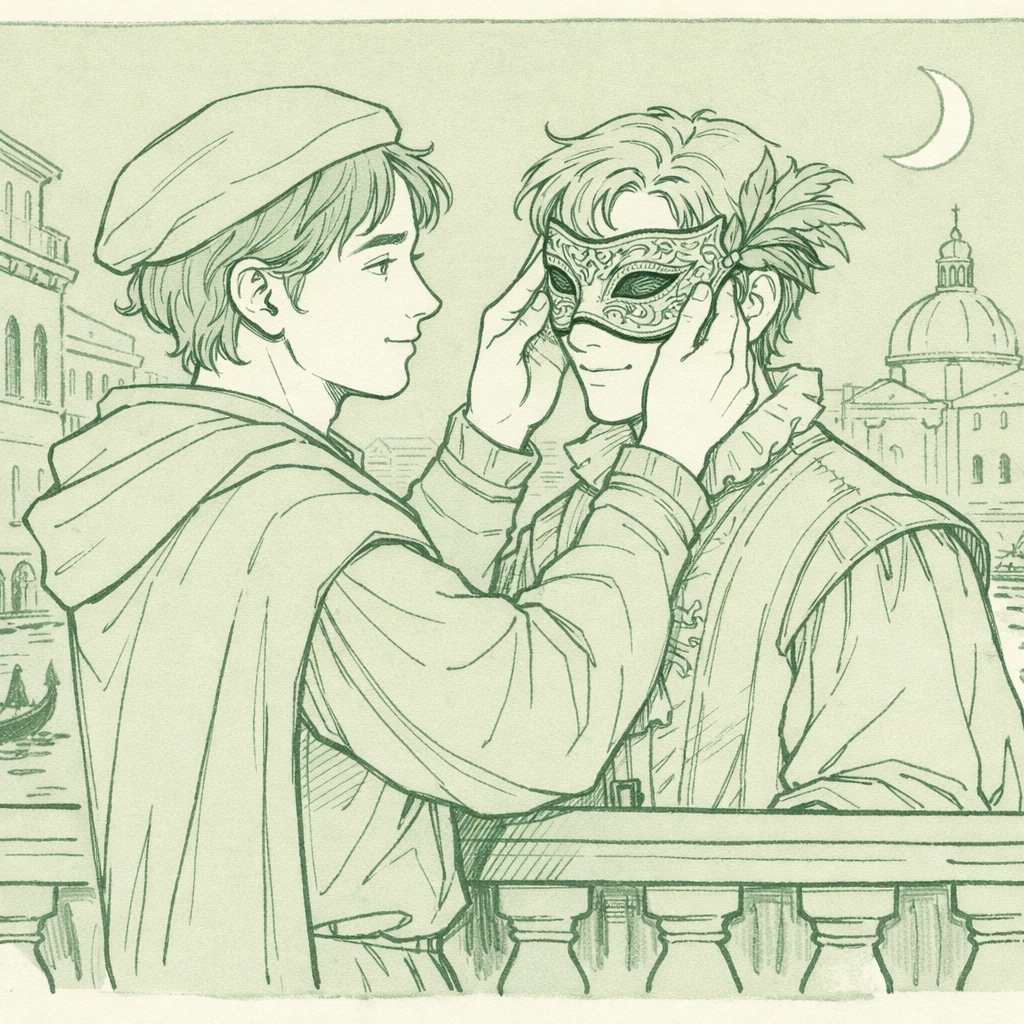 Secret gay love in Renaissance Venice: two men sharing intimate moment on moonlit balcony