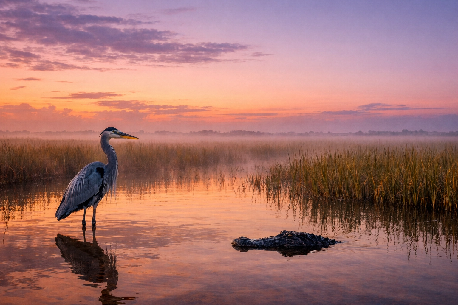 Great Blue Heron and alligator at dawn in the Everglades River of Grass, a top photography location.