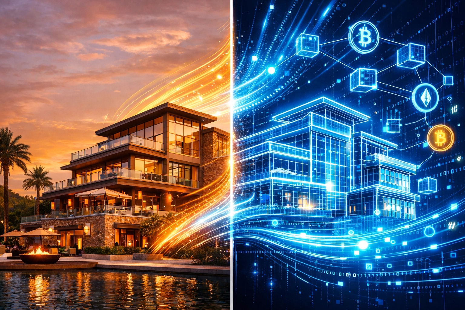 Physical commercial property transitioning to tokenized blockchain asset showing real estate digitization