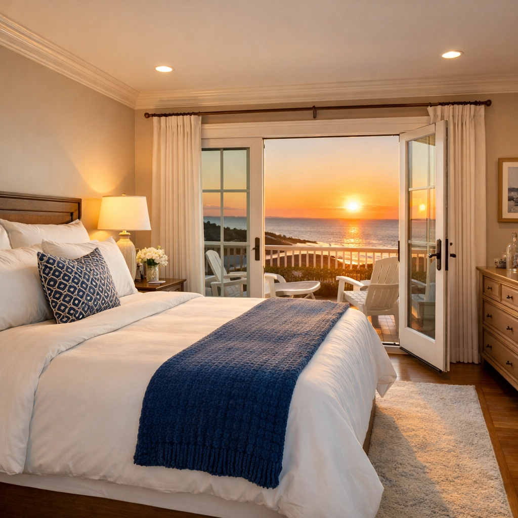 Immaculate East Dennis vacation rental bedroom with professional turnover cleaning and ocean balcony views.
