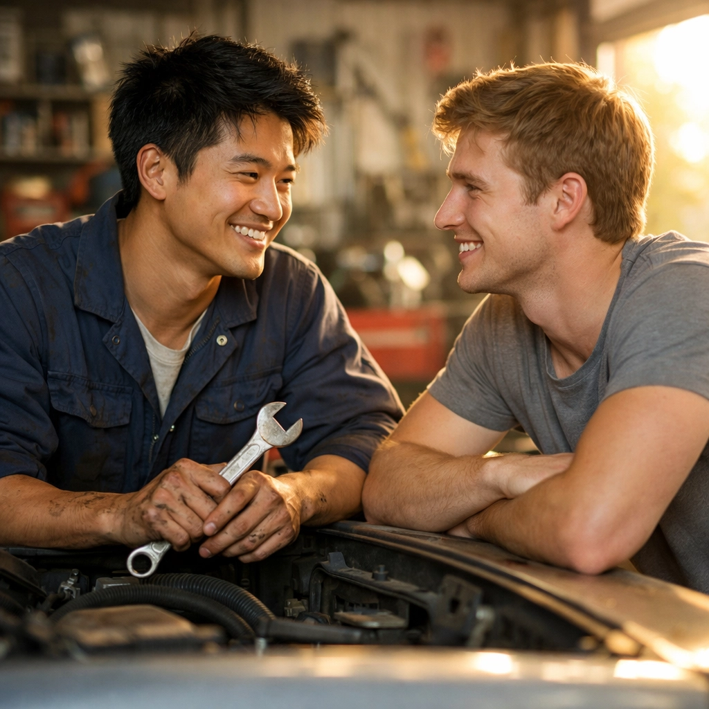 Two men meeting at auto repair shop in MM romance The Baptist Rebel set in Mississippi