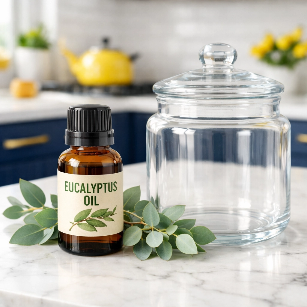 Natural eucalyptus oil bottle and clean glass jar on a marble counter for sticky label removal.