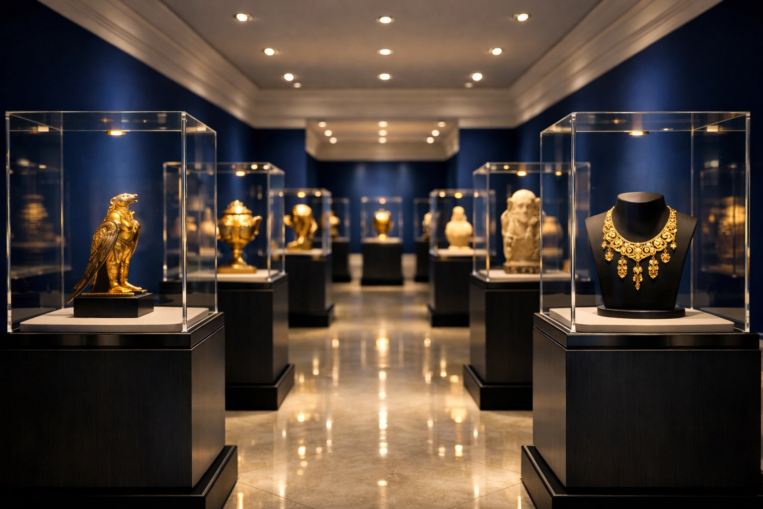 Museum exhibition hall with crystal clear streak-free glass cases and professional maintenance.