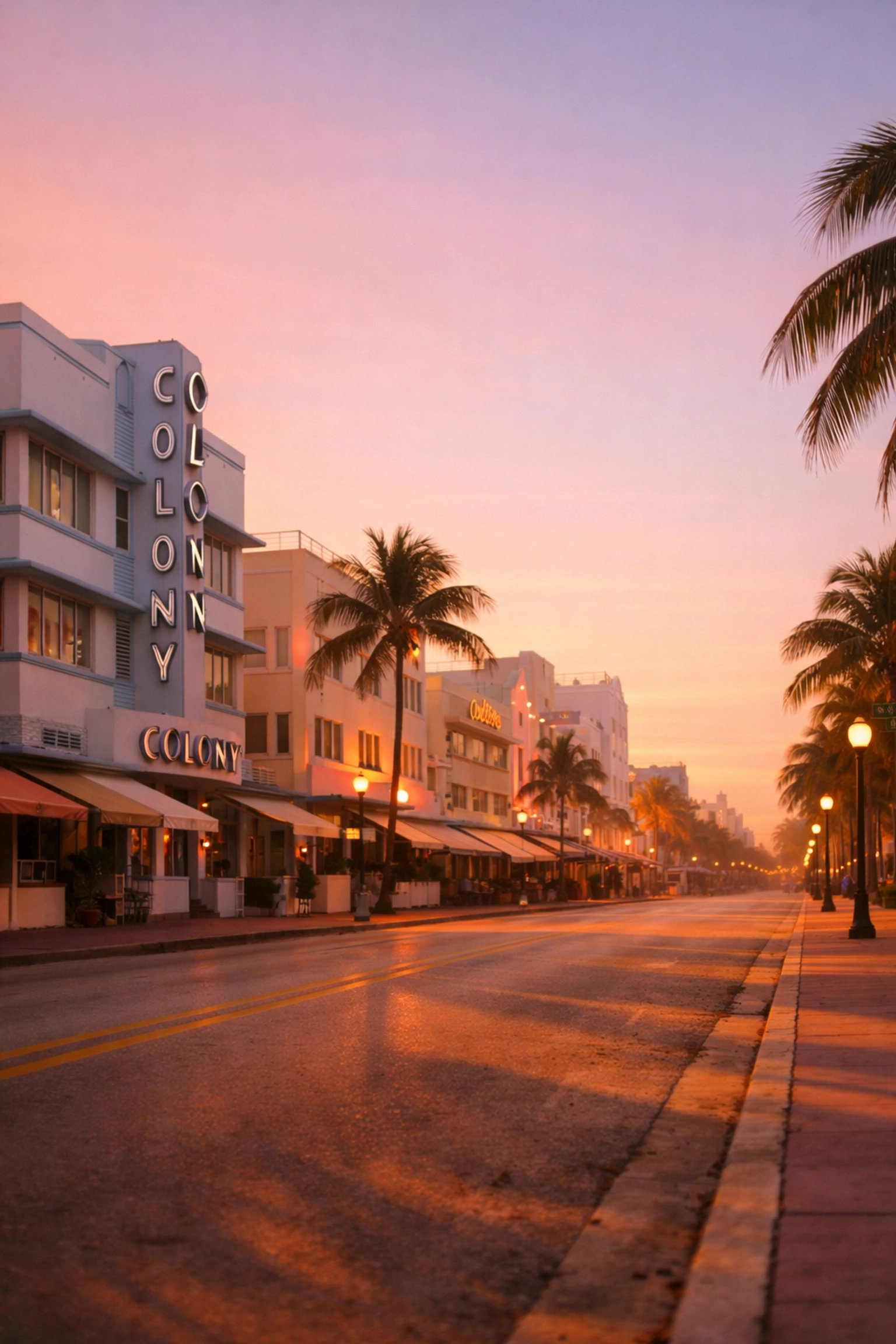 Golden hour sunrise illuminating pastel Art Deco buildings on Miami's Ocean Drive