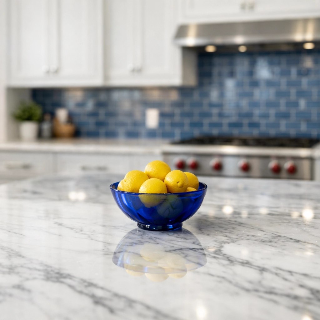 Spotless marble kitchen counter, maintained between professional bi-weekly house cleaning visits.