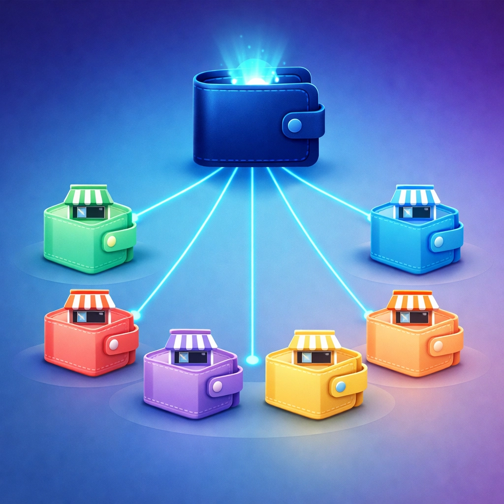 Master wallet connected to multiple sub-wallets for multi-location business Web3 payment management