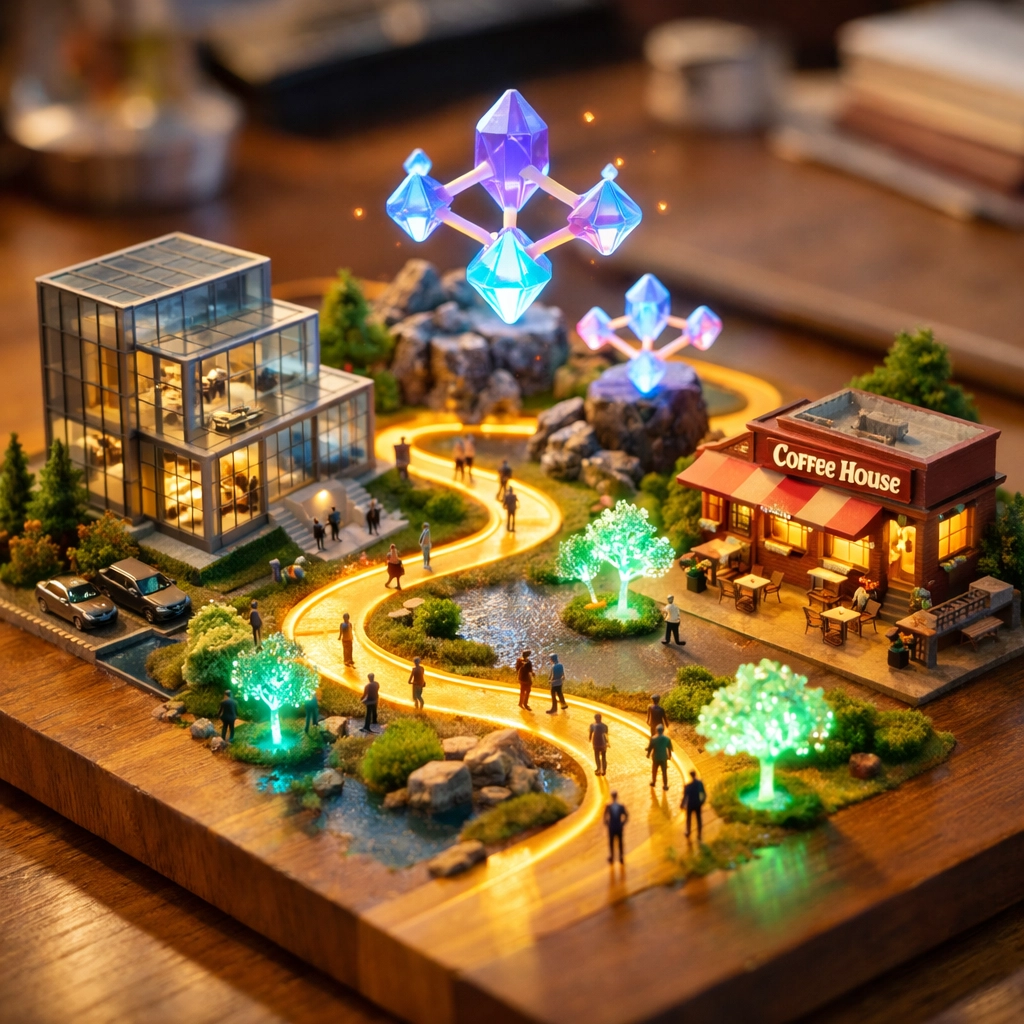 A golden path winding through a miniature business landscape showing the customer journey.