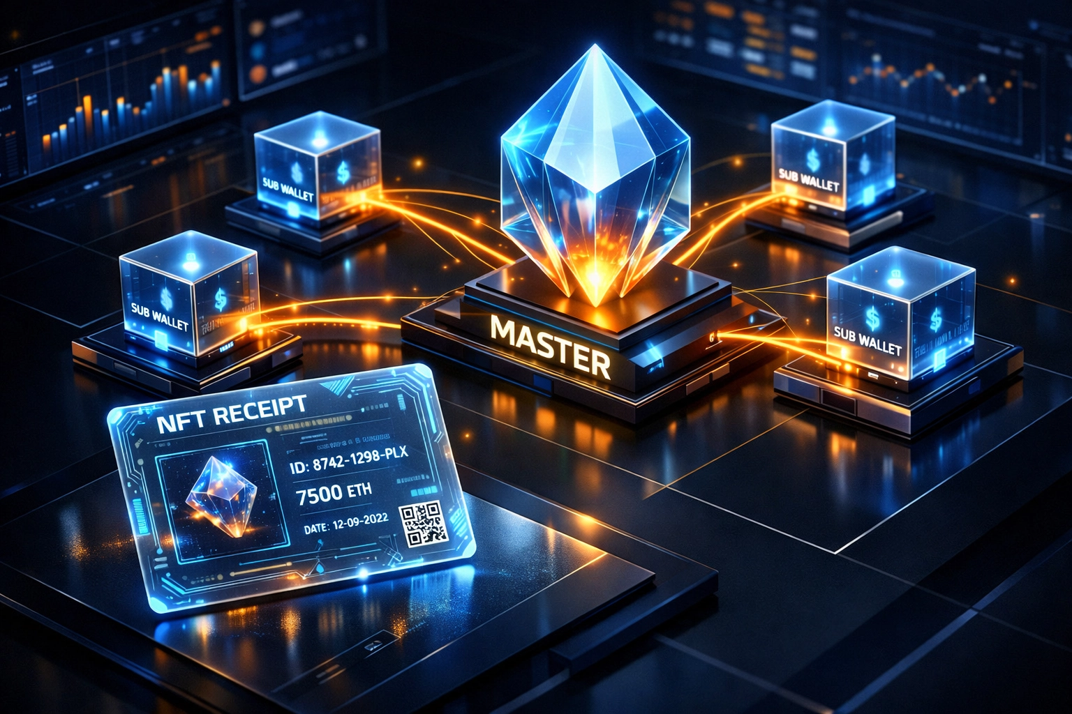 Digital command center illustrating master and sub-wallets with an NFT receipt for crypto receivables.