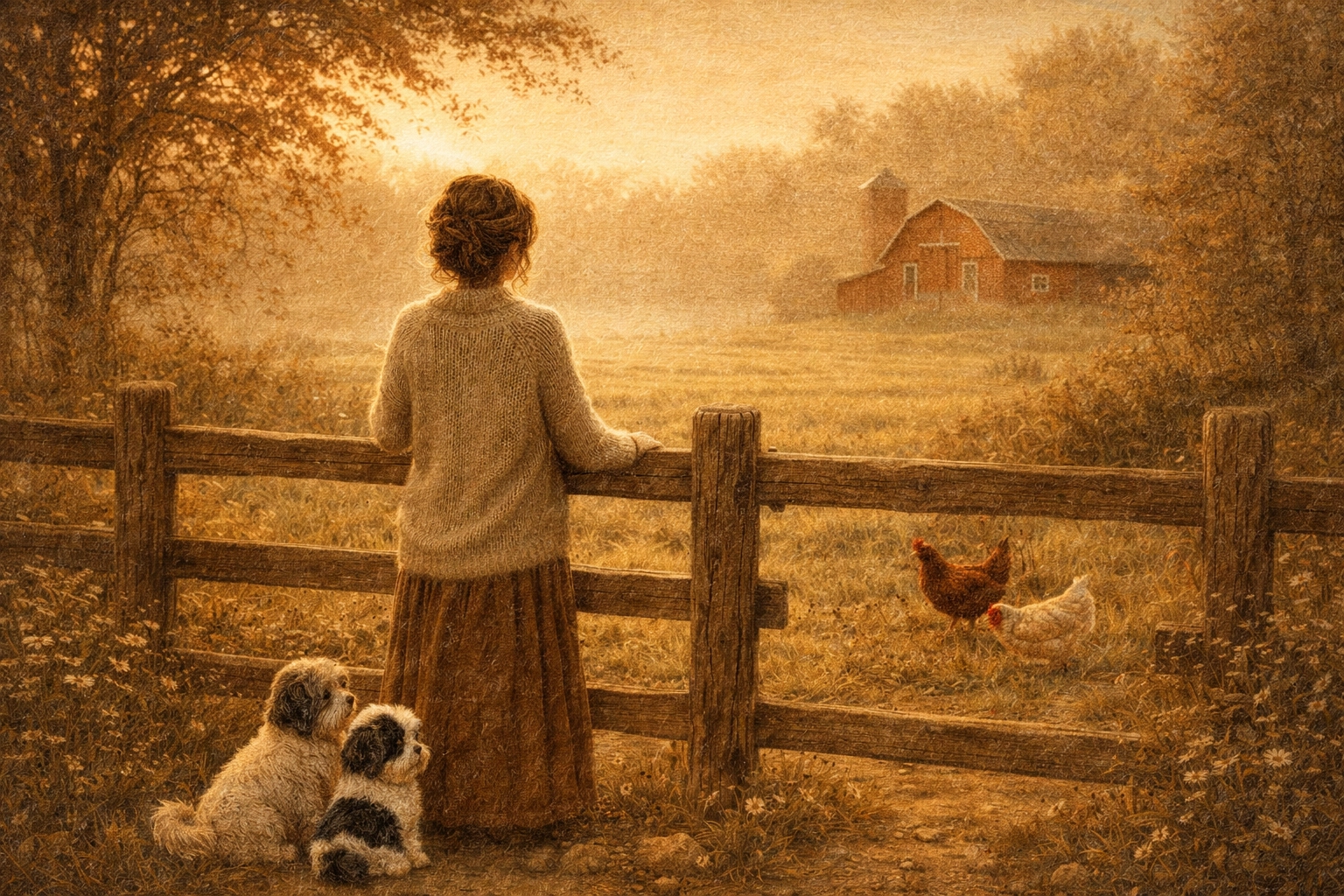 A woman stands at a rustic fence at dawn, overlooking Faithful Flock Farm's red barn and hens, with Milo (white Maltese) and Panda Bear (black-and-white Shih Tzu) nearby, quiet, faith-filled beginnings.