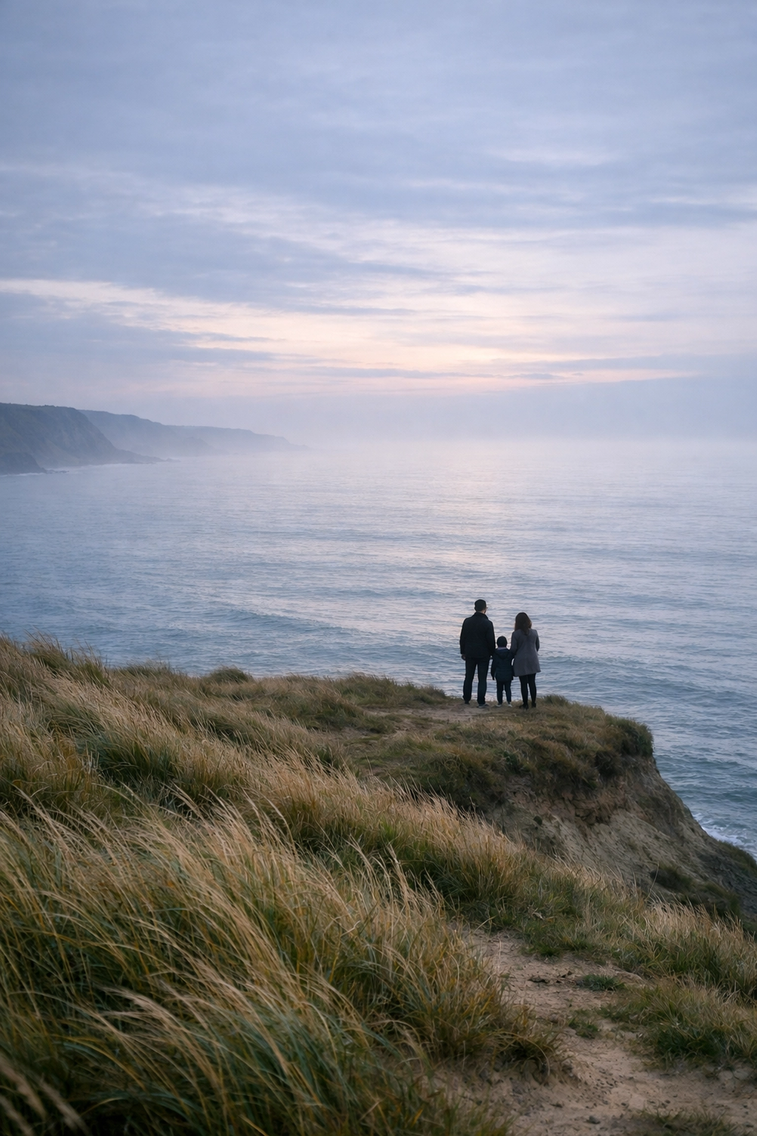 Family gathering by a serene coastline for a peaceful ceremony for scattering ashes.