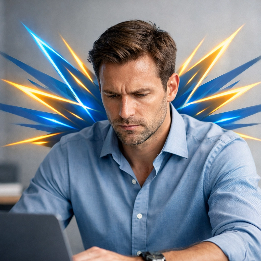 A focused professional in a modern workspace representing unified energy and alignment of identity and purpose.