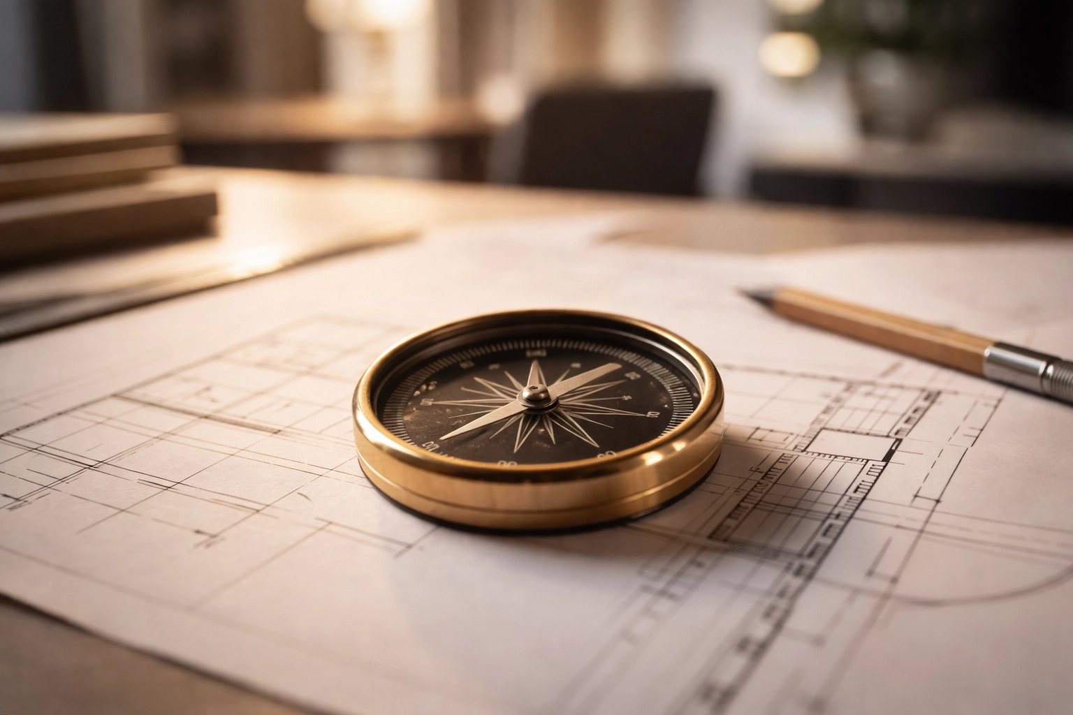 Compass spinning on a drafting table, representing recalibrating personal purpose after divorce