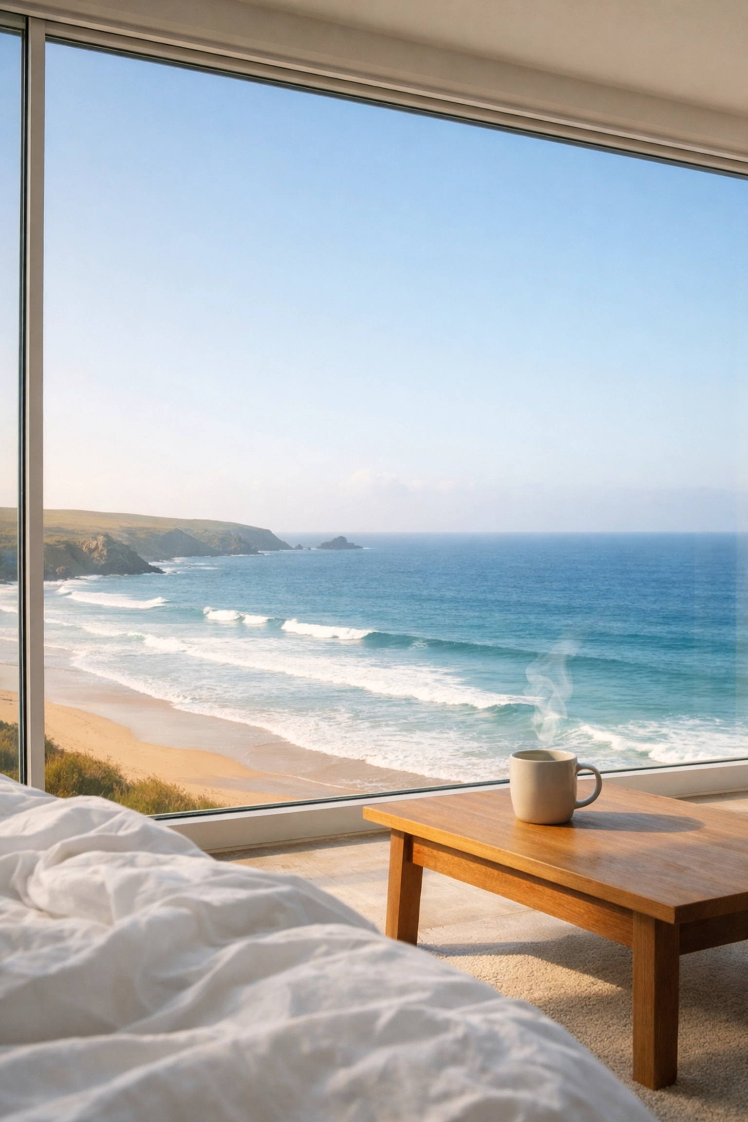 Peaceful Cornish coastal apartment with panoramic windows overlooking the ocean for relaxing beachfront holidays.