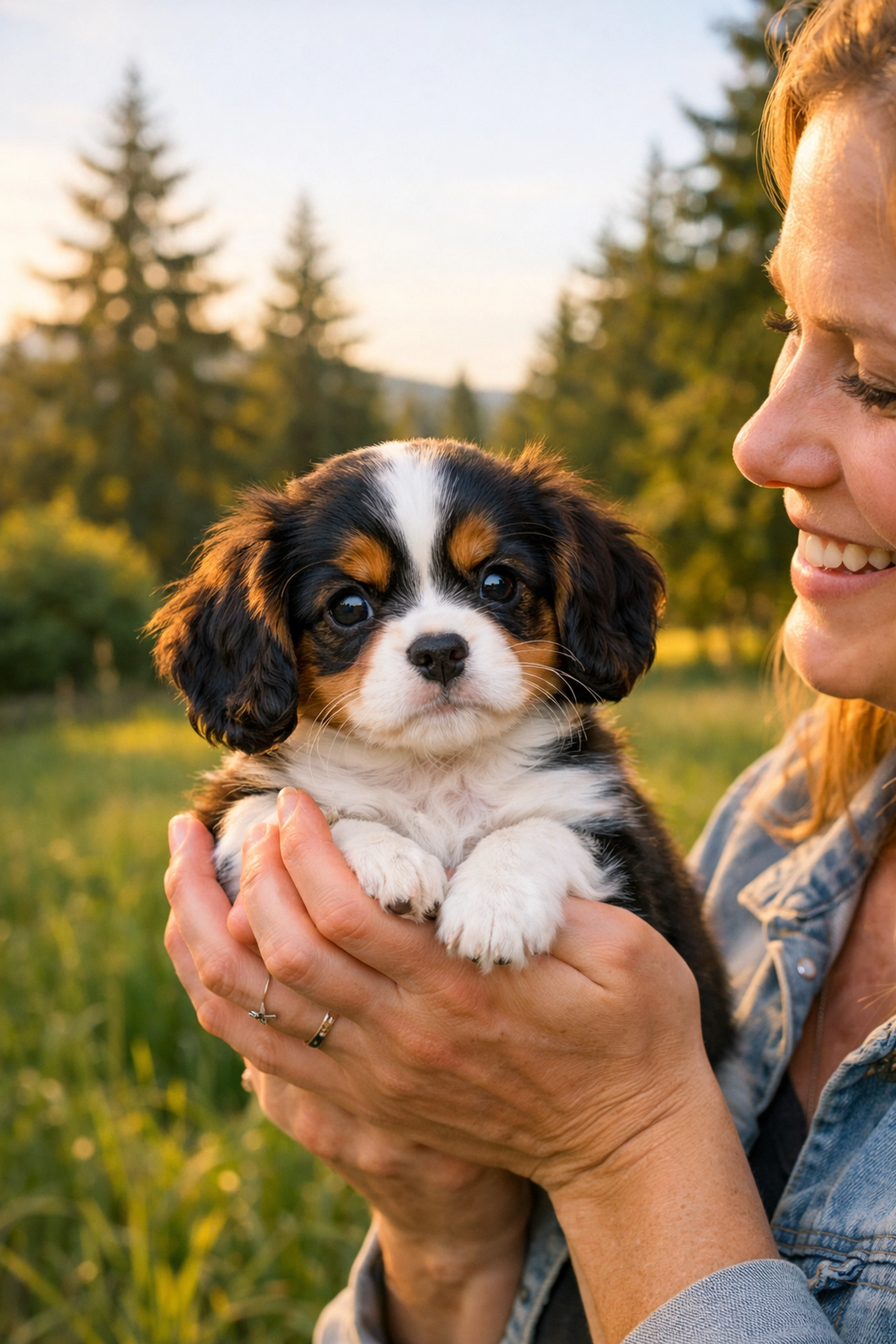 Tri-color Cavalier King Charles Spaniel puppy with a breeder in Boring Oregon near Portland.