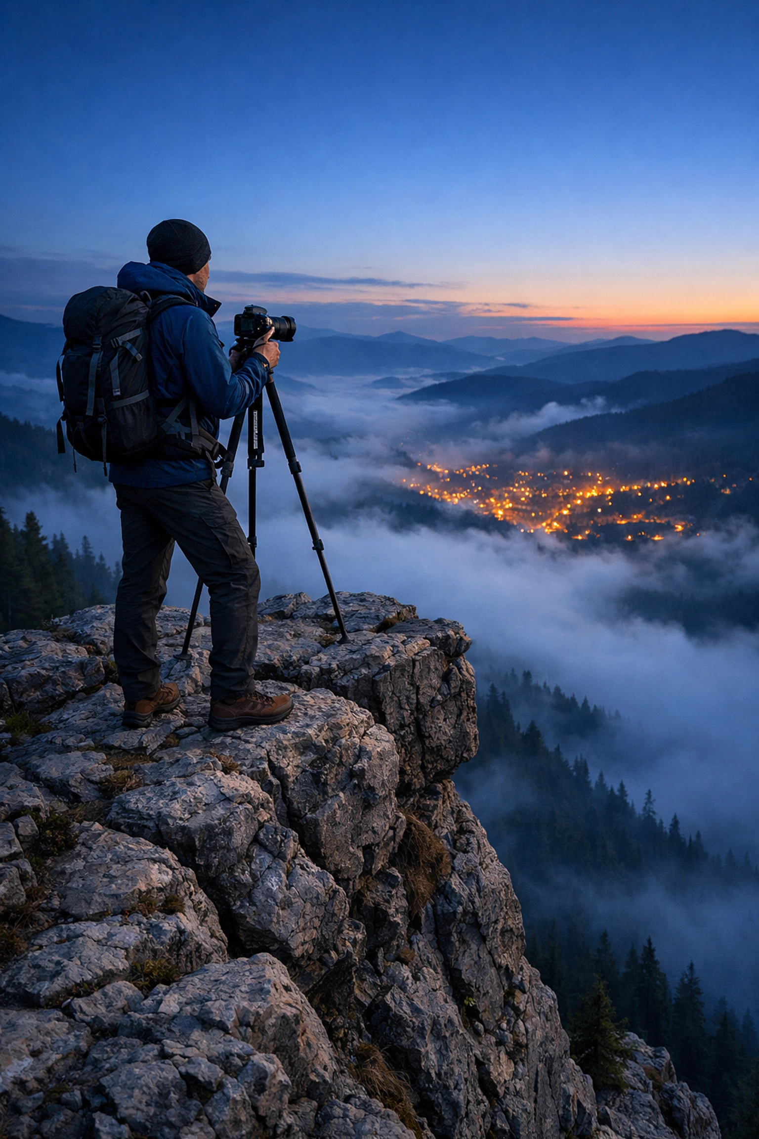 A photographer on a cliff edge during blue hour capturing a landscape for professional photo editing.