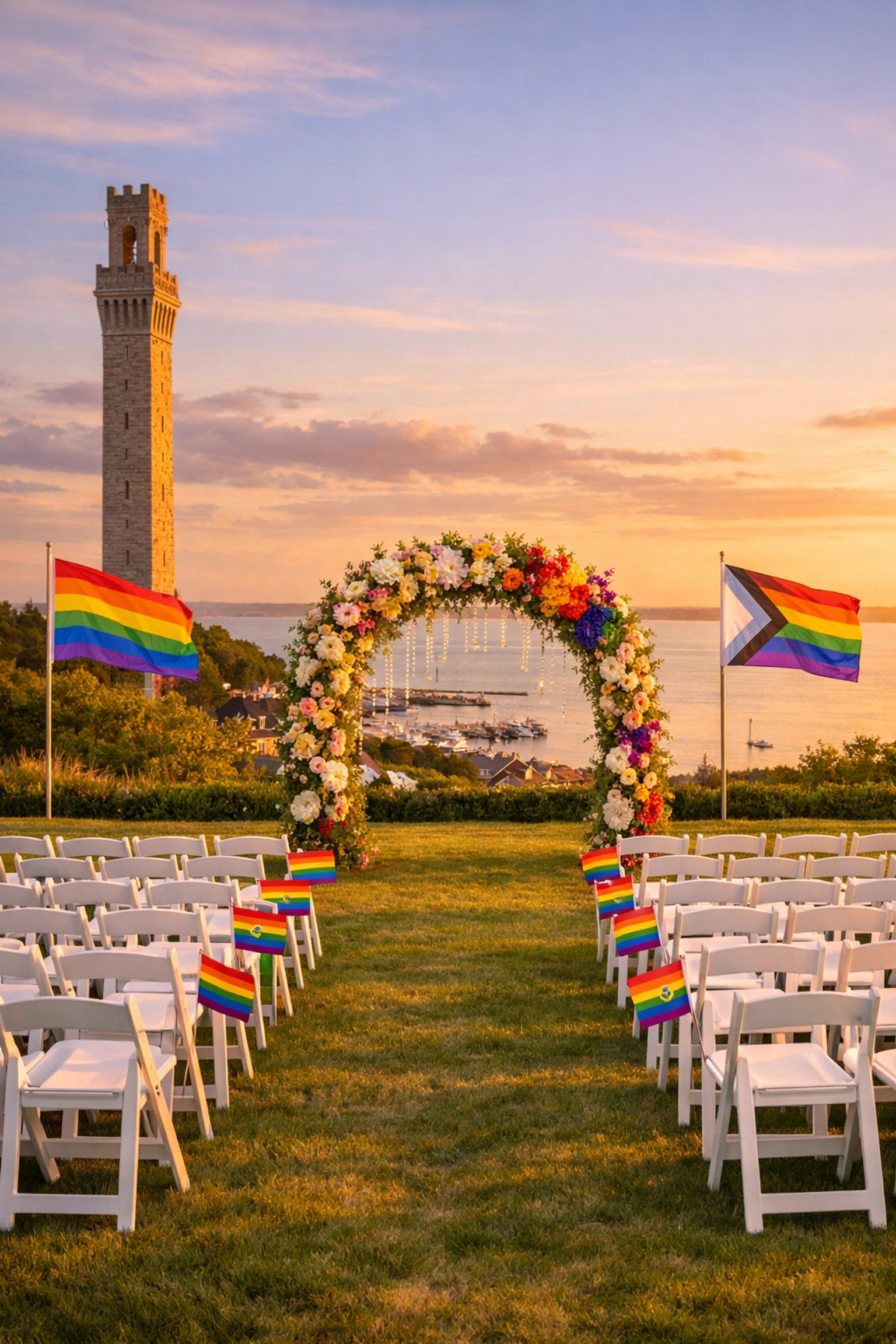 LGBTQ+ wedding ceremony setup at Pilgrim Monument with Cape Cod Bay views