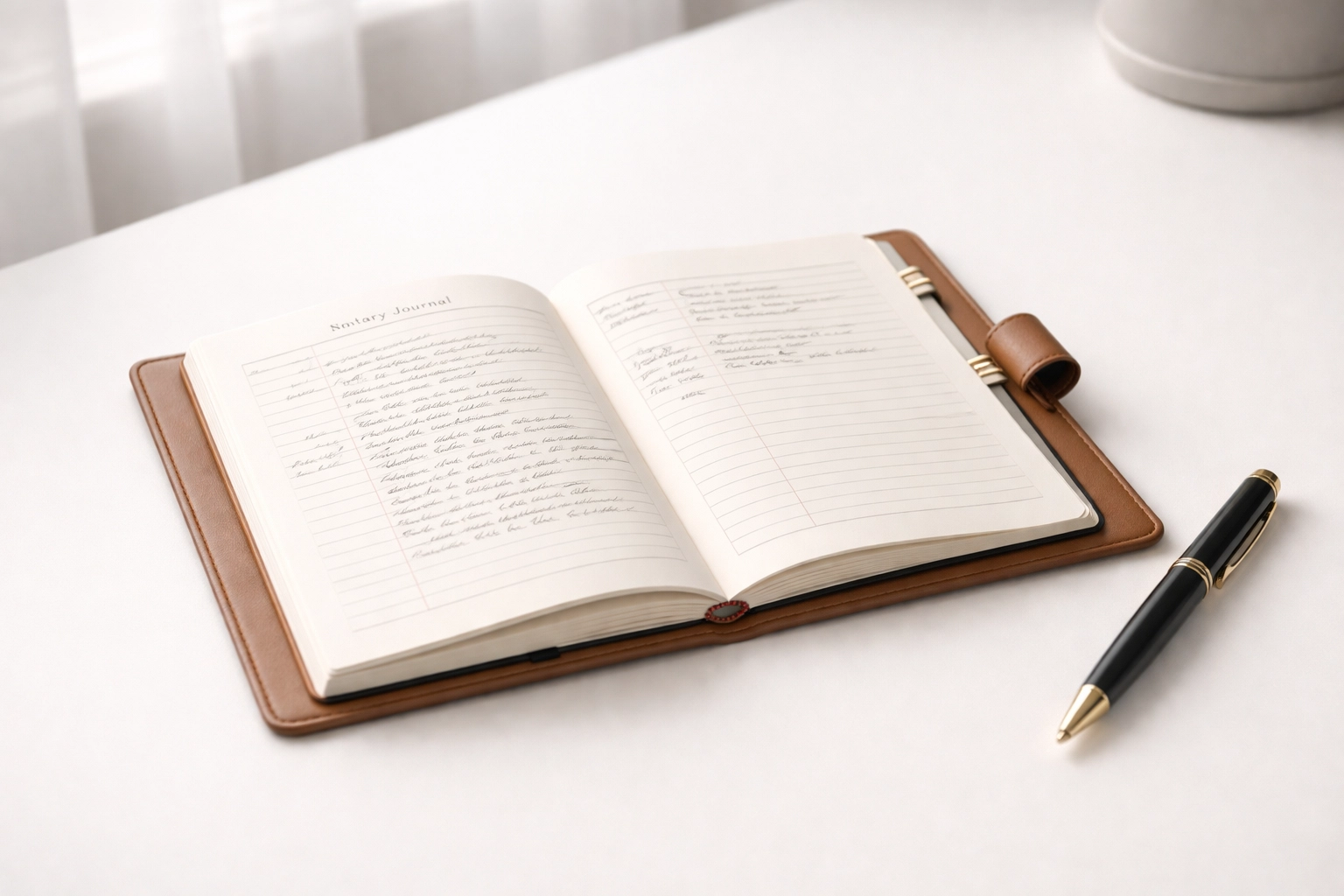 Open notary journal with pen on a clean desk, illustrating secure record-keeping and identity protection.