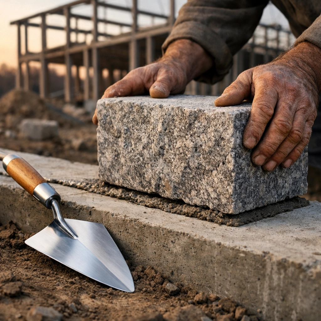 Tradesman laying a stone block on a foundation representing a solid financial fortress for the Warrior-Steward.
